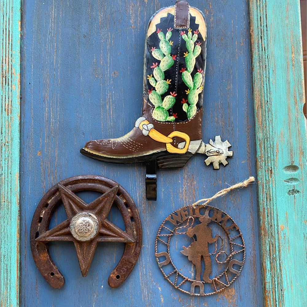 Lot of 3 Western Rod Iron Shoe Horse & Silver, Ornament & Cowboy Boot Wall Hook